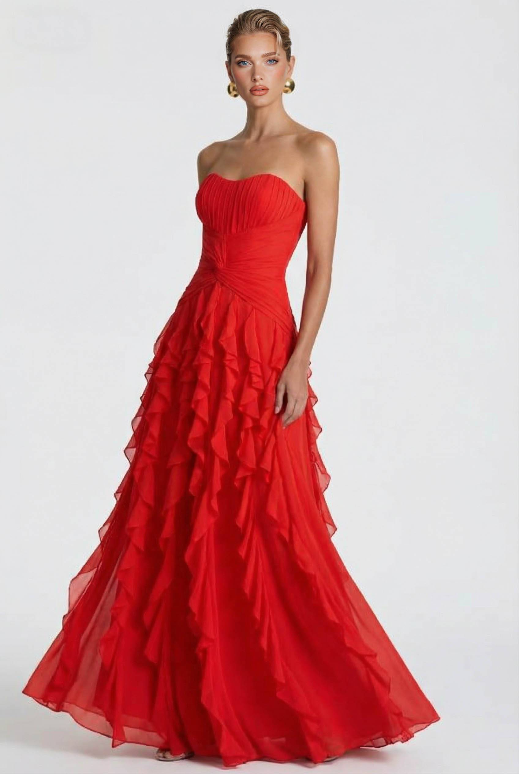 Pleated Strapless Ruffle Dress Red