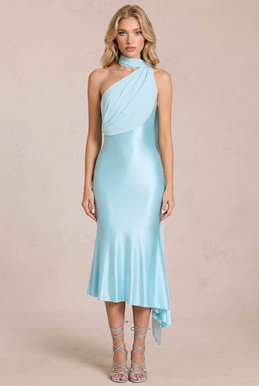 Oblique Collar Ribbon Midi Dress
