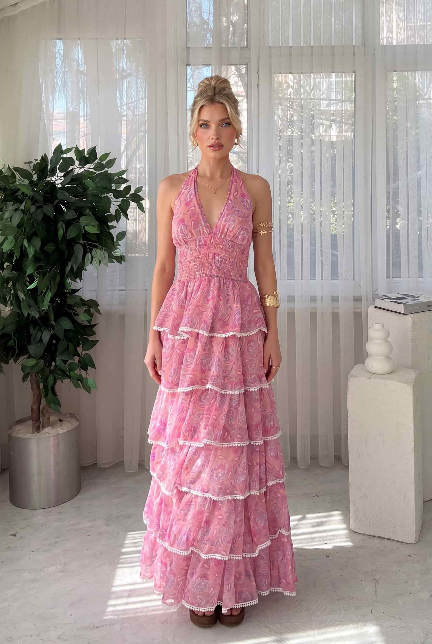 V-Neck Printed Ruffled Dress Pink