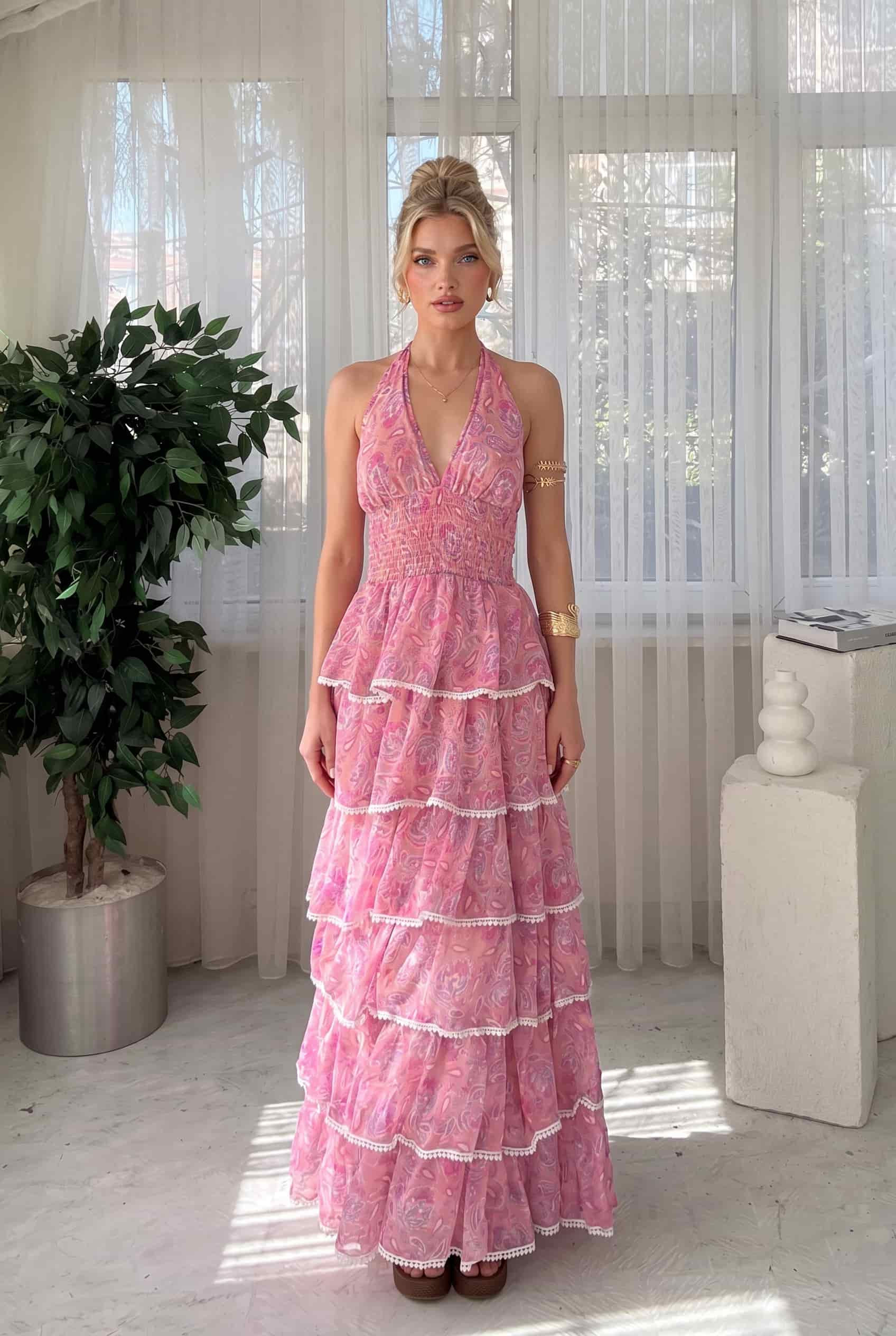 V-Neck Printed Ruffled Dress Pink