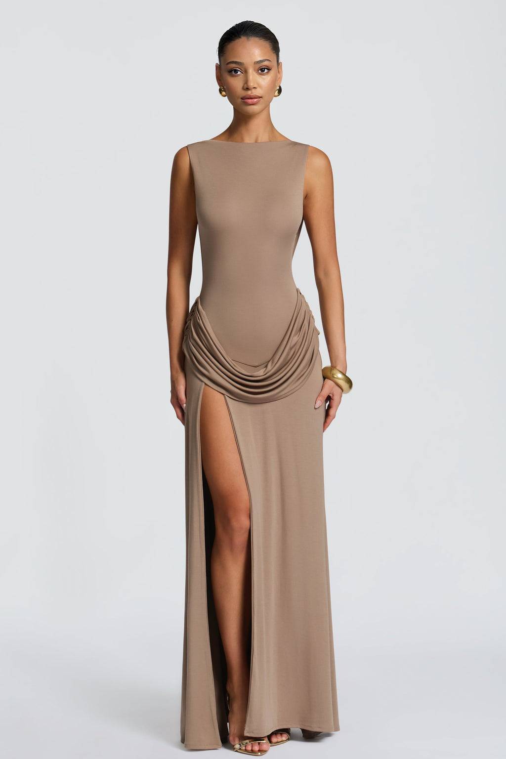 Pleated Design Slit Maxi Dress Khaki