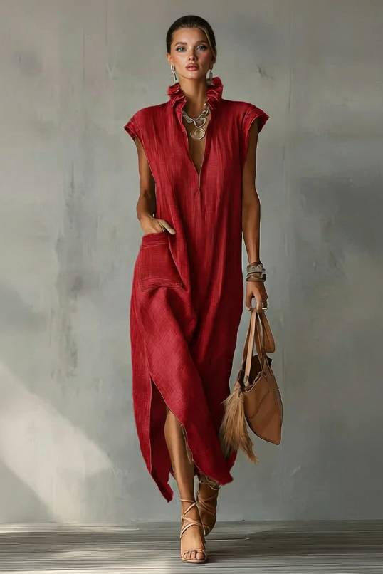 Lace Stand Collar Slit Dress Red