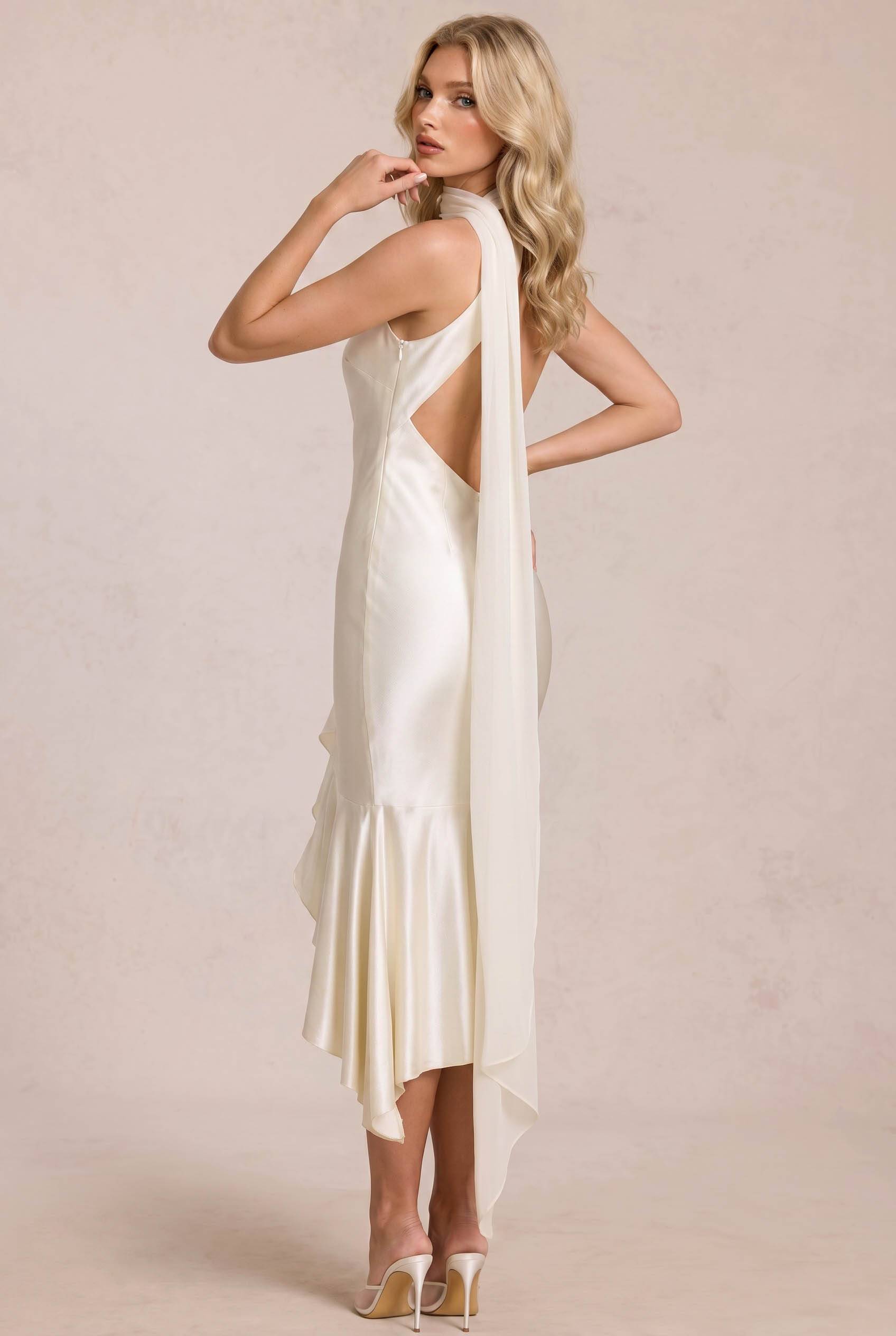 Oblique Collar Ribbon Midi Dress