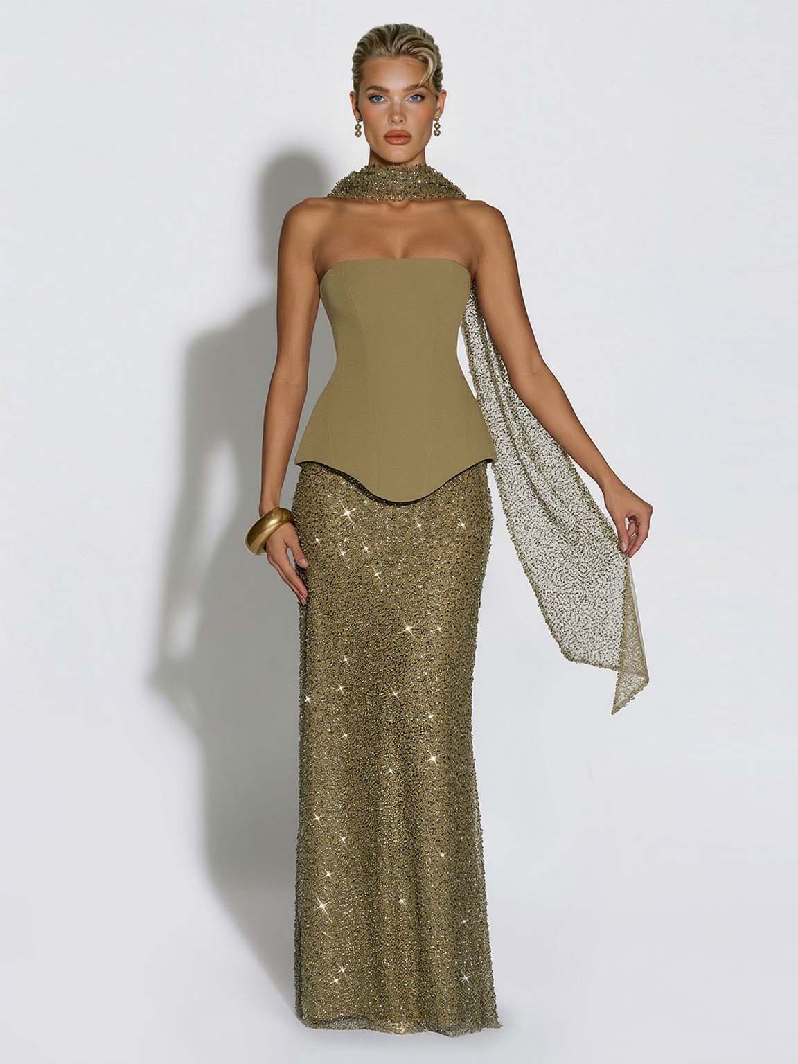 Elegant Strapless Sequin Skirt And Shawl Two-Piece Set Green