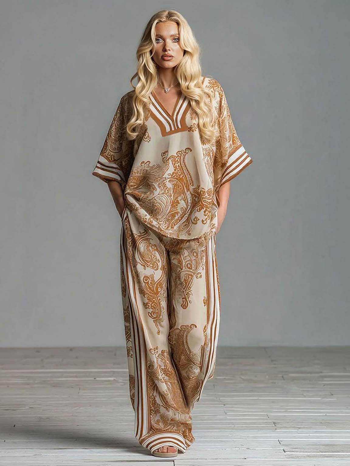 Bohemian Paisley Print Top & Wide-Leg Pants Two-Piece Set Khaki Set