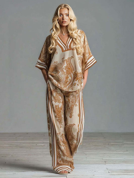 Bohemian Paisley Print Top & Wide-Leg Pants Two-Piece Set Khaki Set