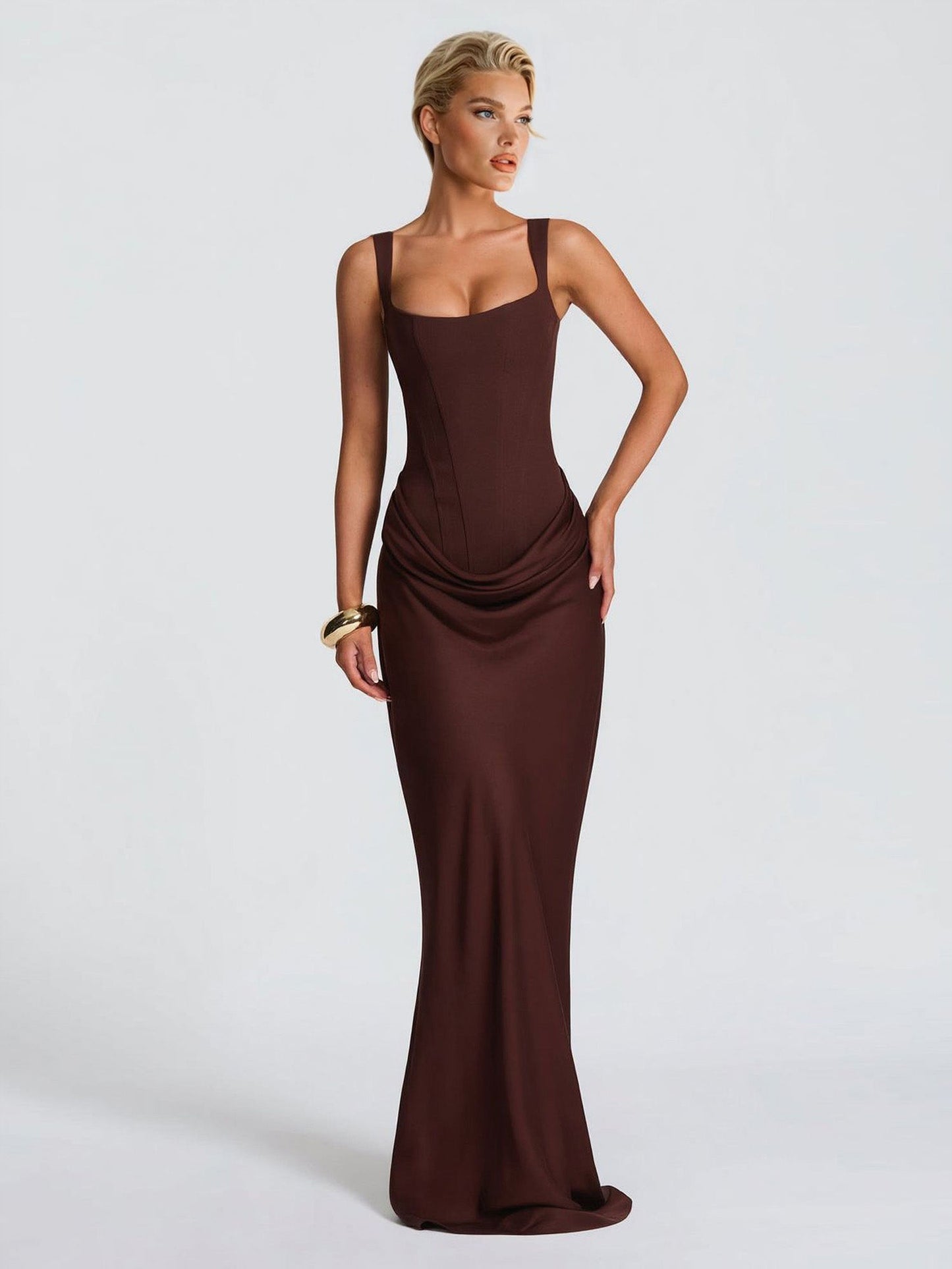 Elegant Square Neck Cinched Top & Ruched Waist Draped Maxi Dress Brown