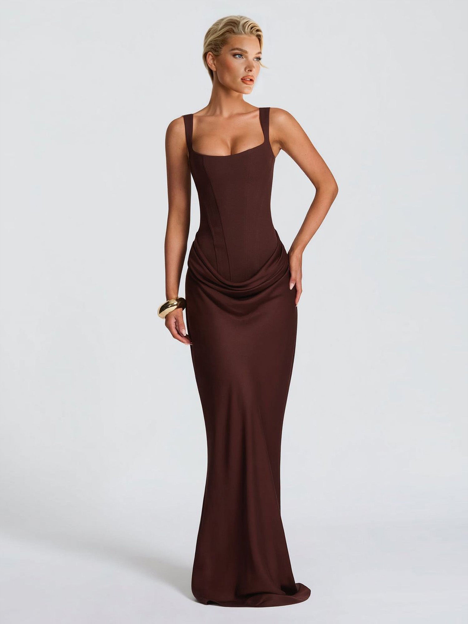 Elegant Square Neck Cinched Top & Ruched Waist Draped Maxi Dress Brown