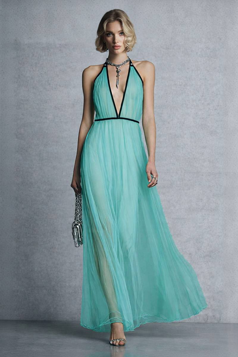 Color Contrast Halter-Neck High Waist Maxi Dress Green