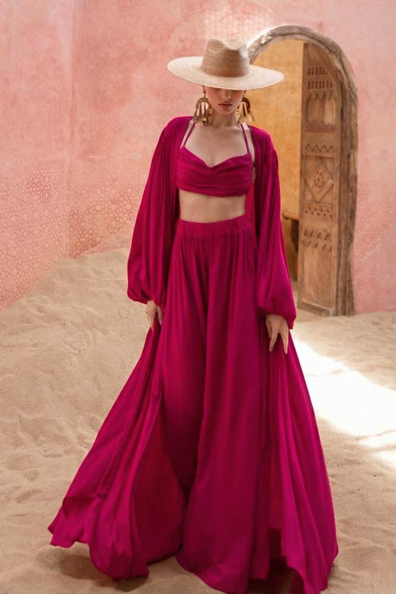 Sling Top And Wide-leg Pants and Jacket Three-piece Set Rose Red