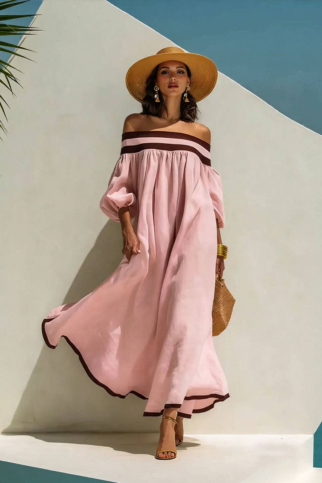 Color Contrast Off-Shoulder Loose-Fitting Dress Pink