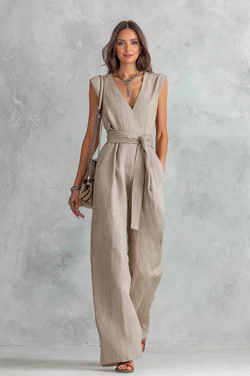 V-Neck Lace-Up Jumpsuit Khaki