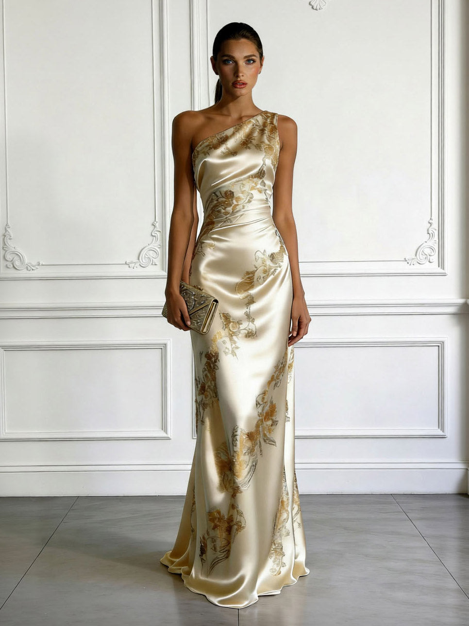 Elegant One-shoulder Floral Satin Maxi Dress Cream