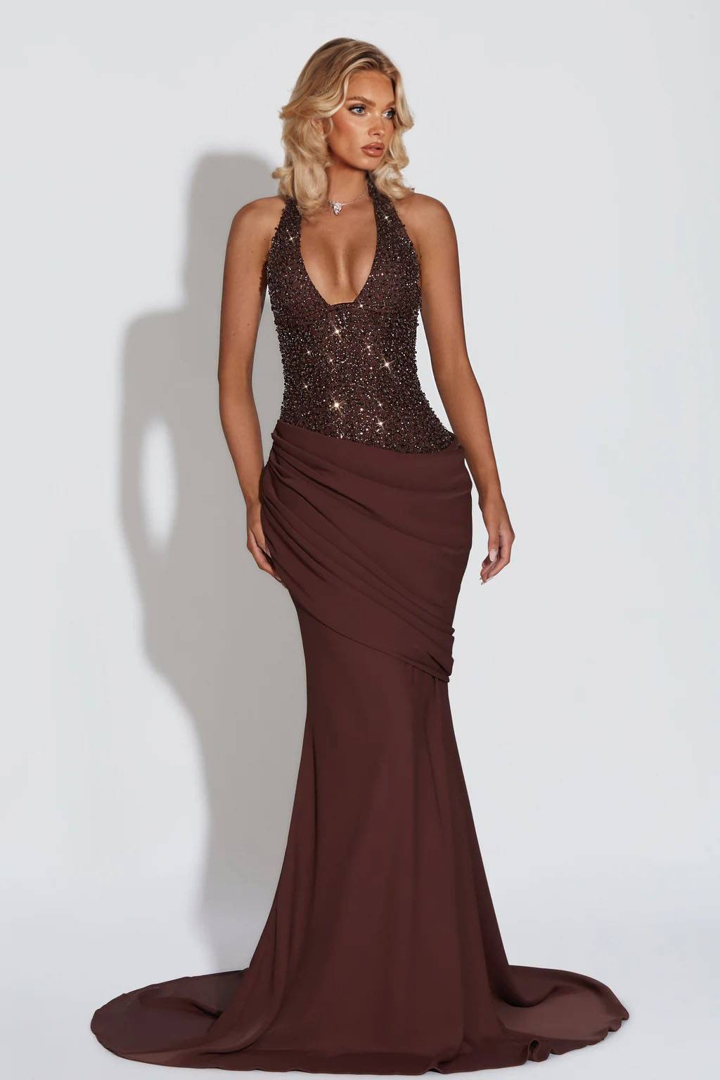 Shiny Pleated Design Maxi Dress Coffee