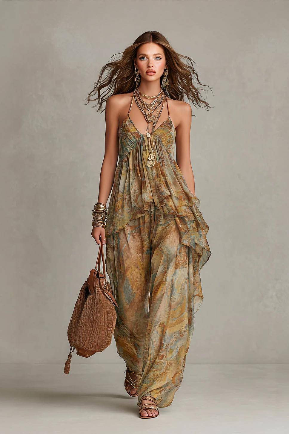 Printed Sling Top And Wide Leg Pants Set Printed