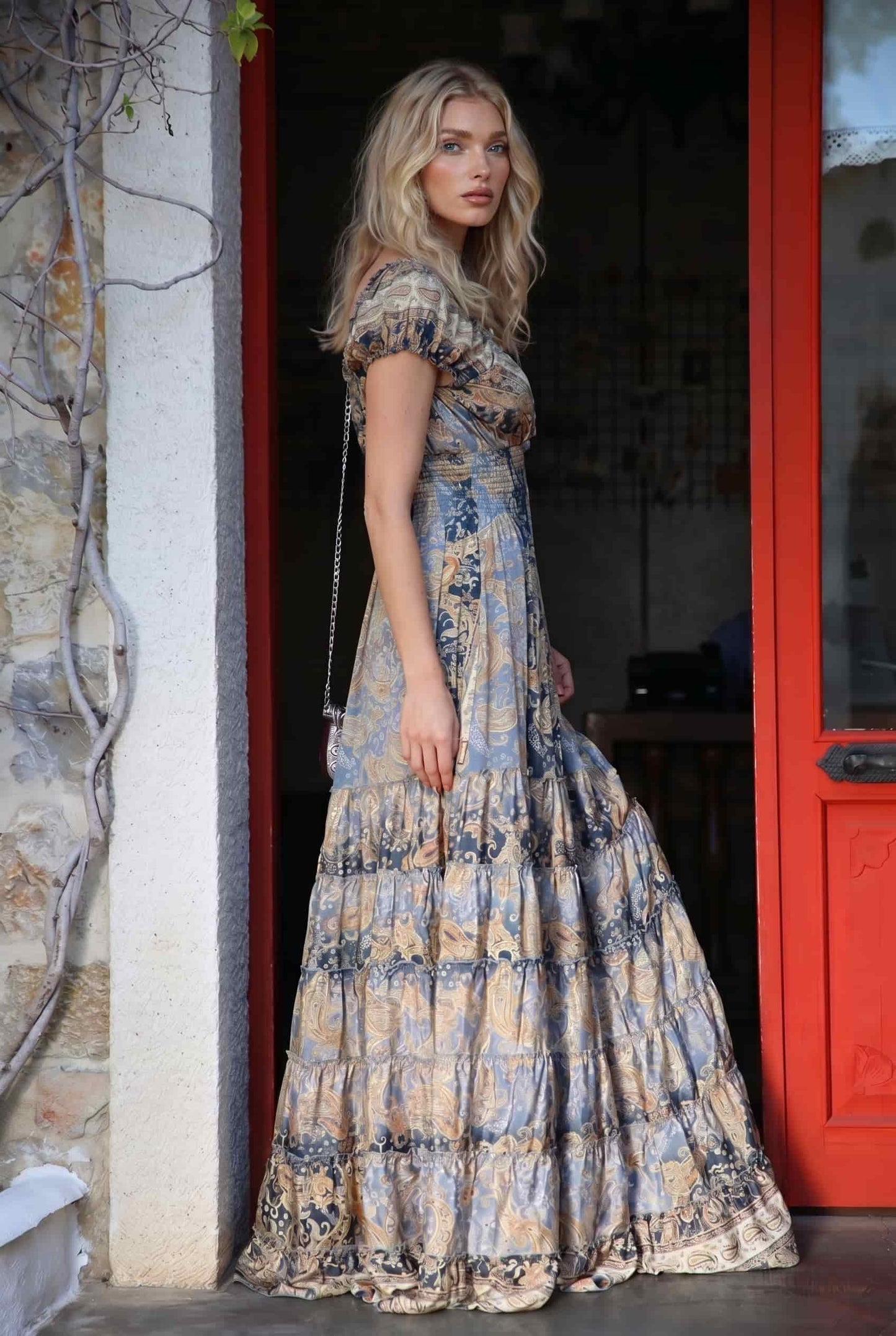 Deep V-Neck Printed High-Waist Maxi Dress
