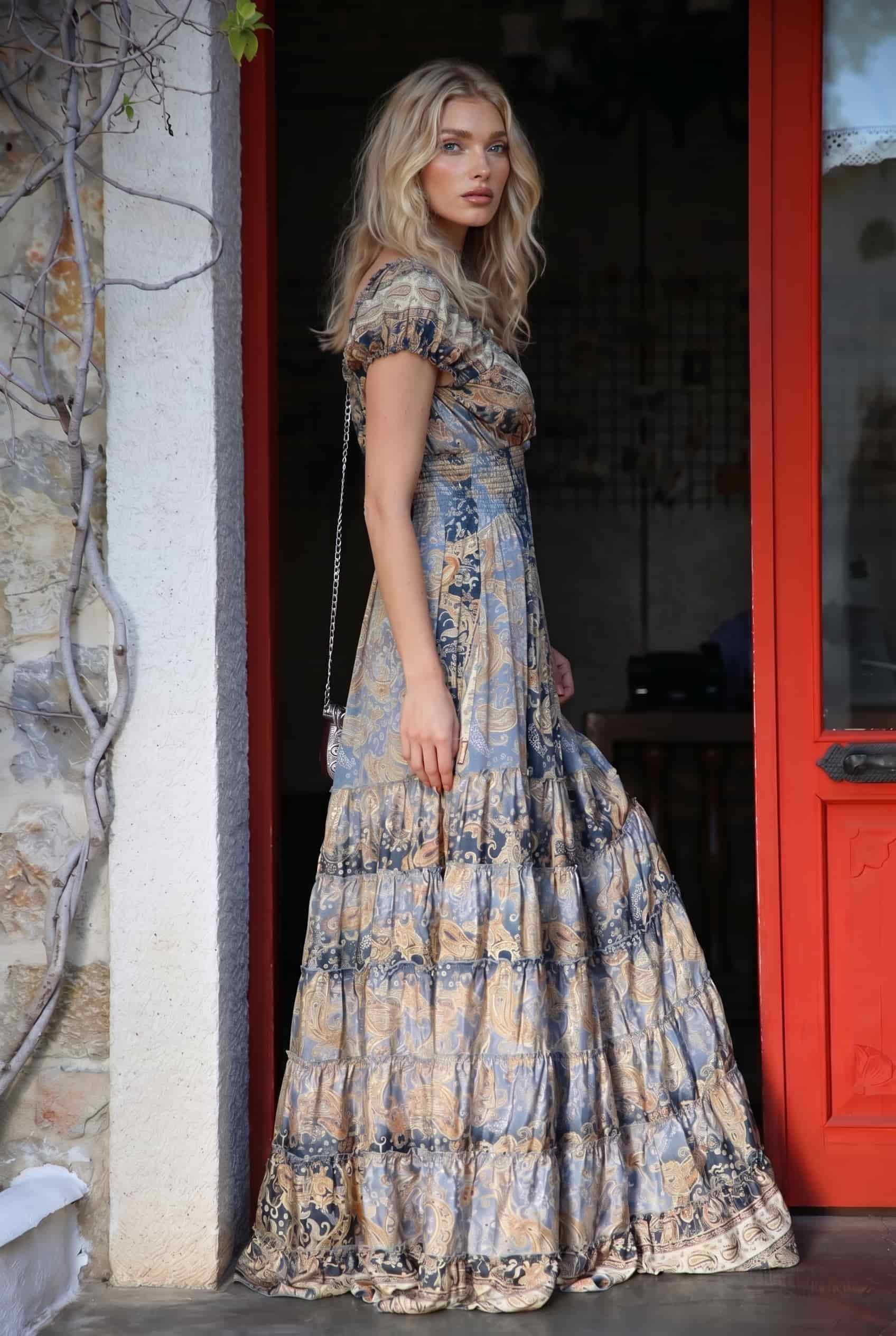 Deep V-Neck Printed High-Waist Maxi Dress
