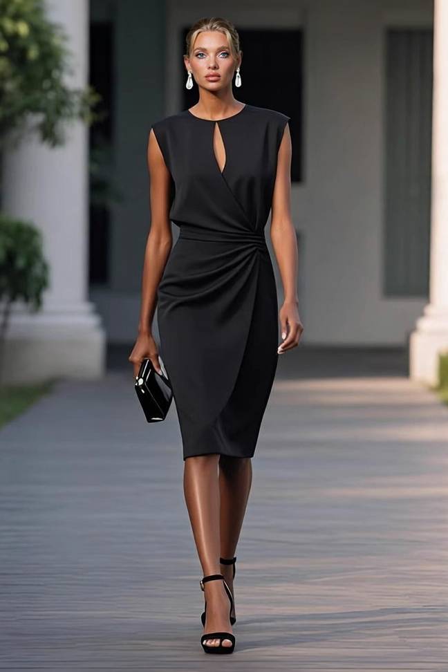 Hollow Design Pleated Midi Dress Black