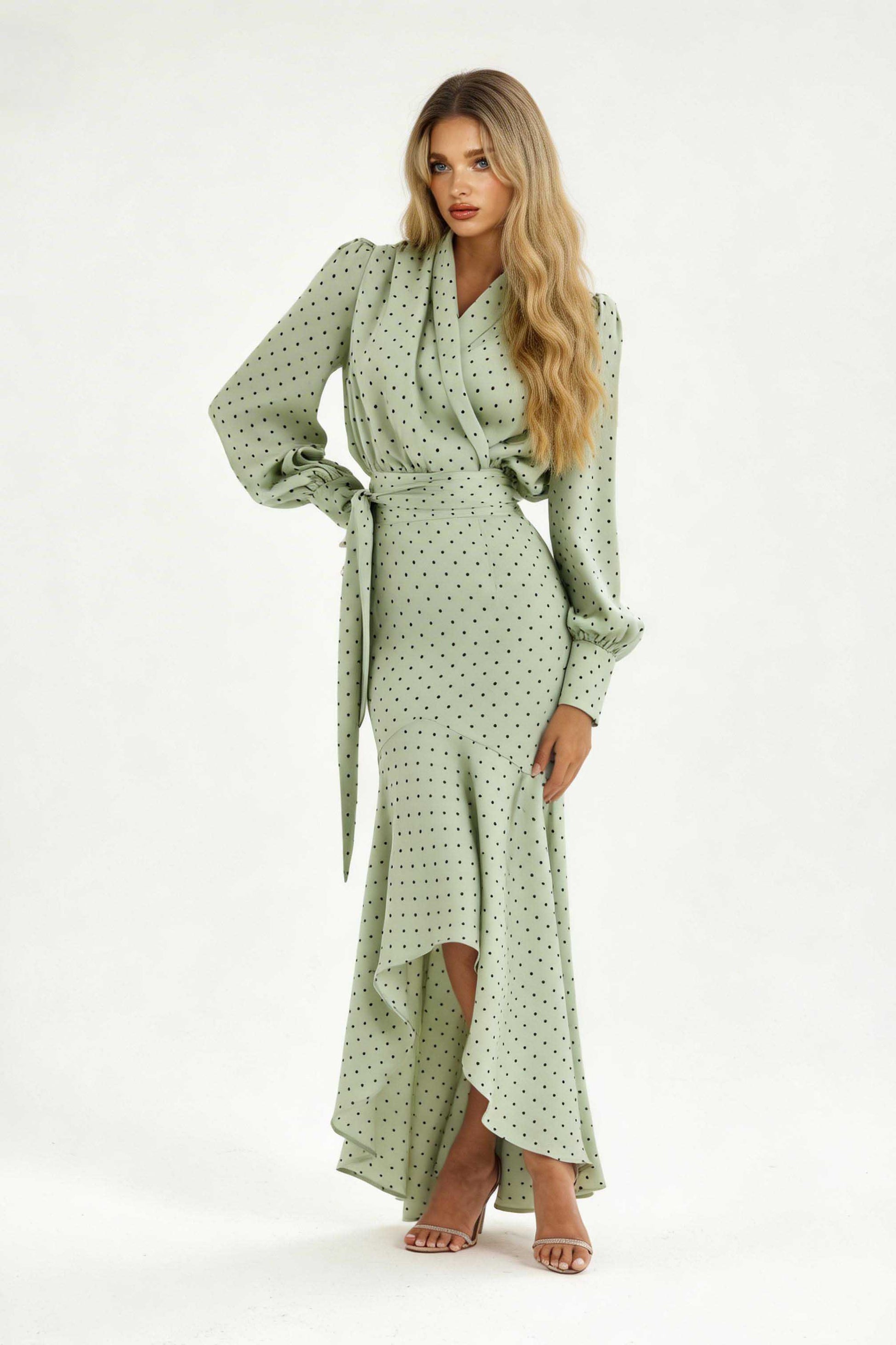 Polka Dot Shirt And Fishtail Skirt Set Light Green