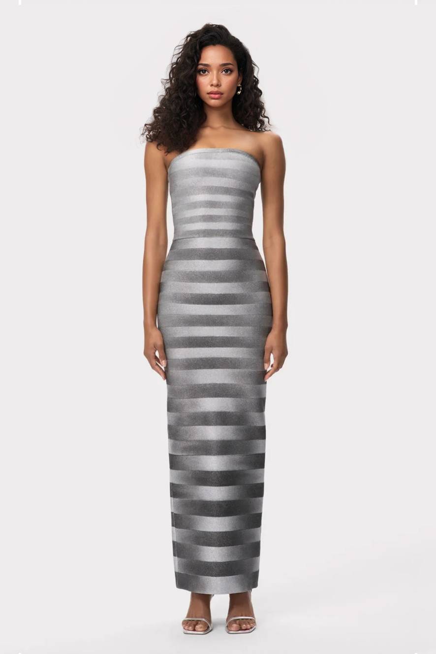 Striped Slim-Fit Strapless Maxi Dress Grey