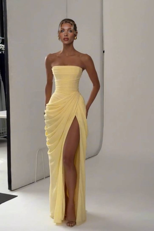 Strapless Pleated Slit Maxi Dress