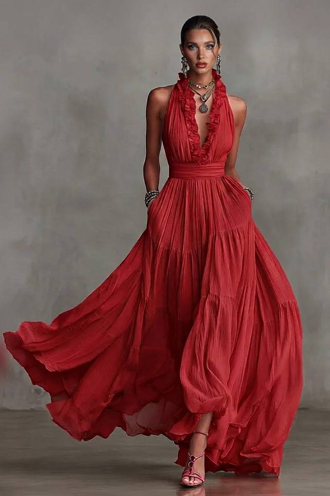 Lace V-Neck Maxi Dress Red