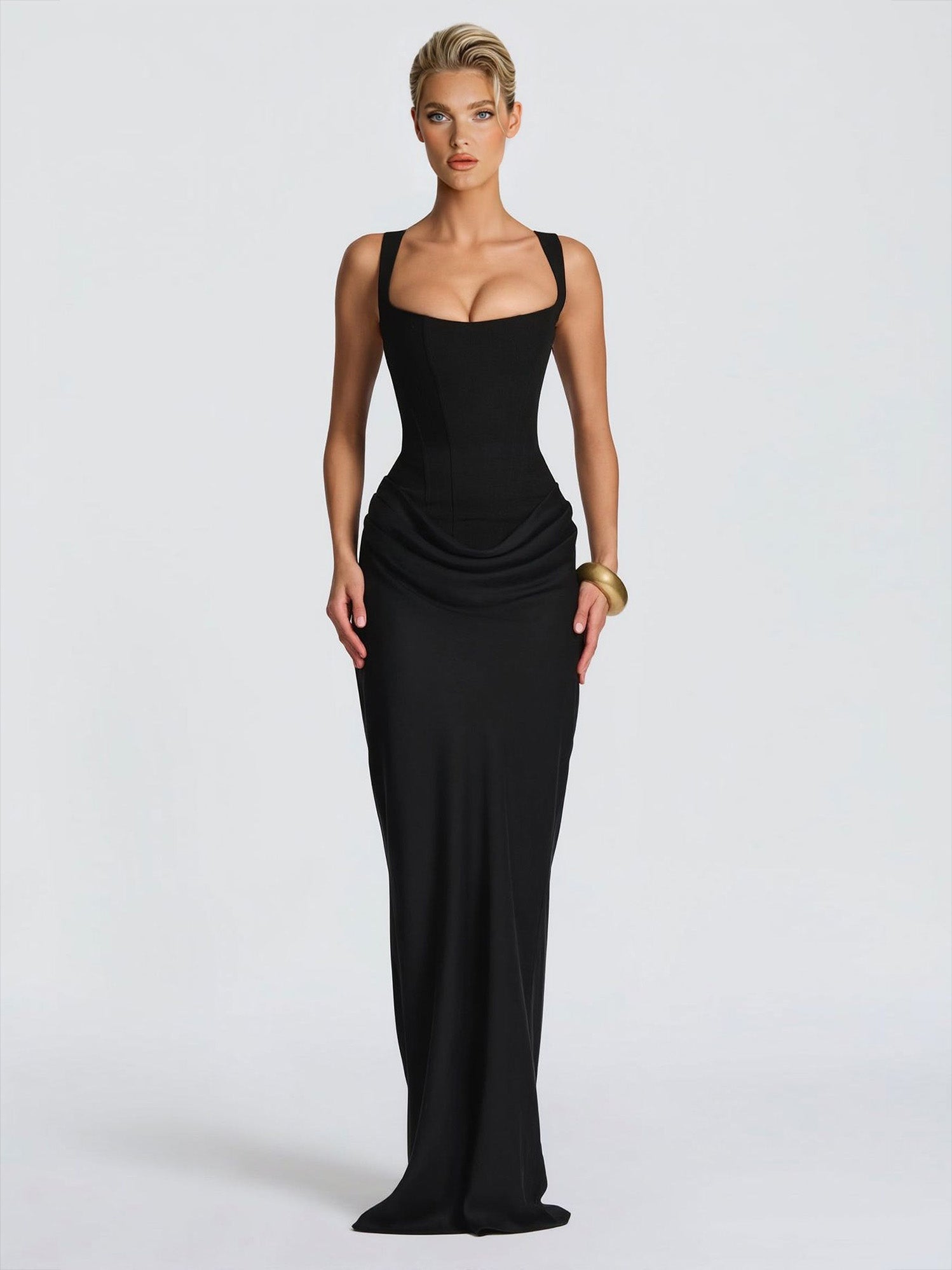 Elegant Square Neck Cinched Top & Ruched Waist Draped Maxi Dress Black