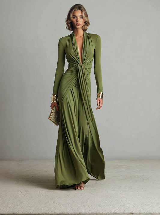 V-Neck Pleated Long Sleeve Dress Green
