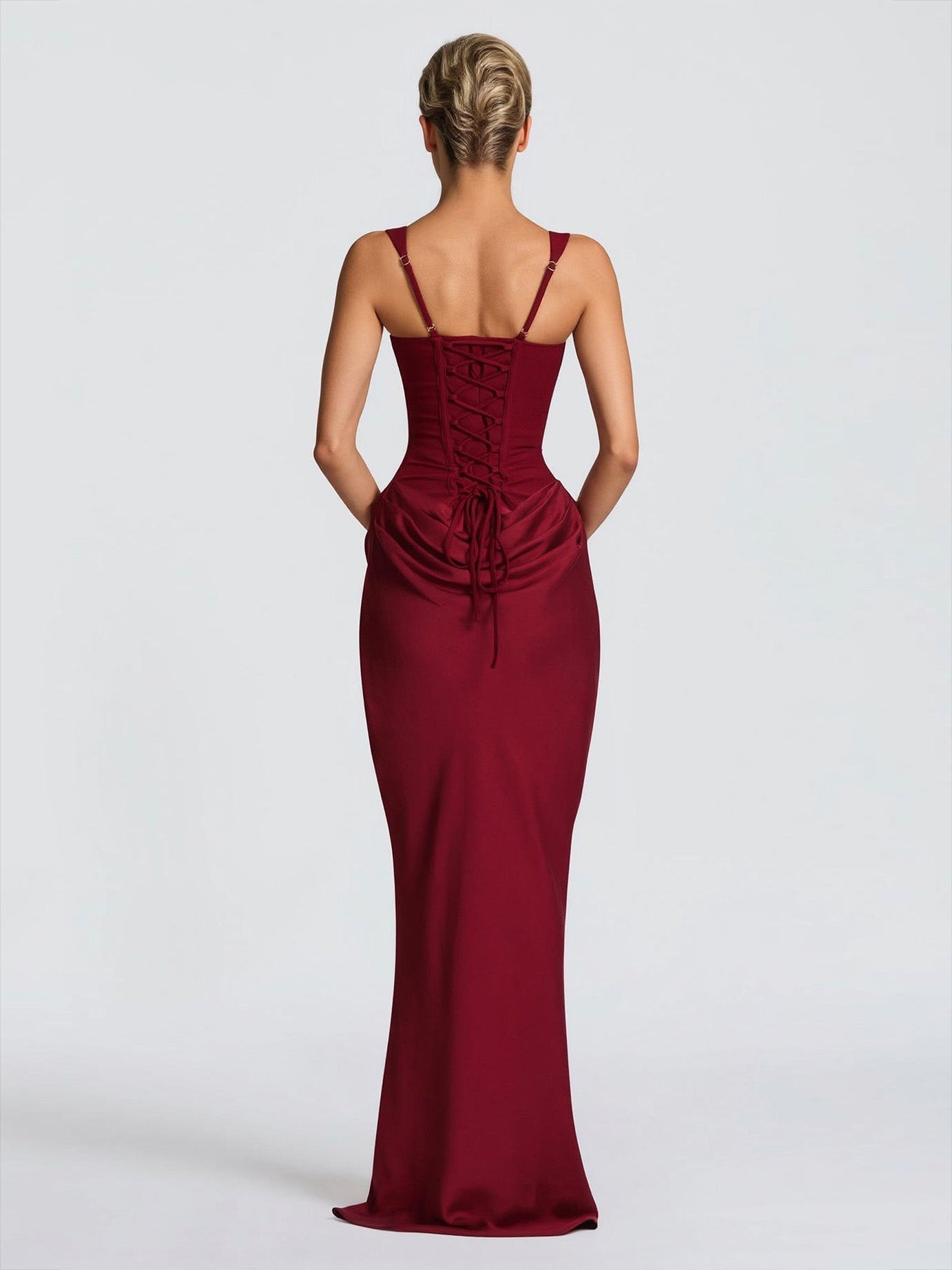 Elegant Square Neck Cinched Top & Ruched Waist Draped Maxi Dress