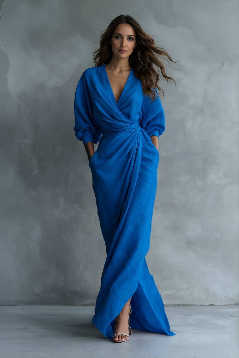 Vacation Style V-Neck Lace-Up Maxi Dress Dark Blue