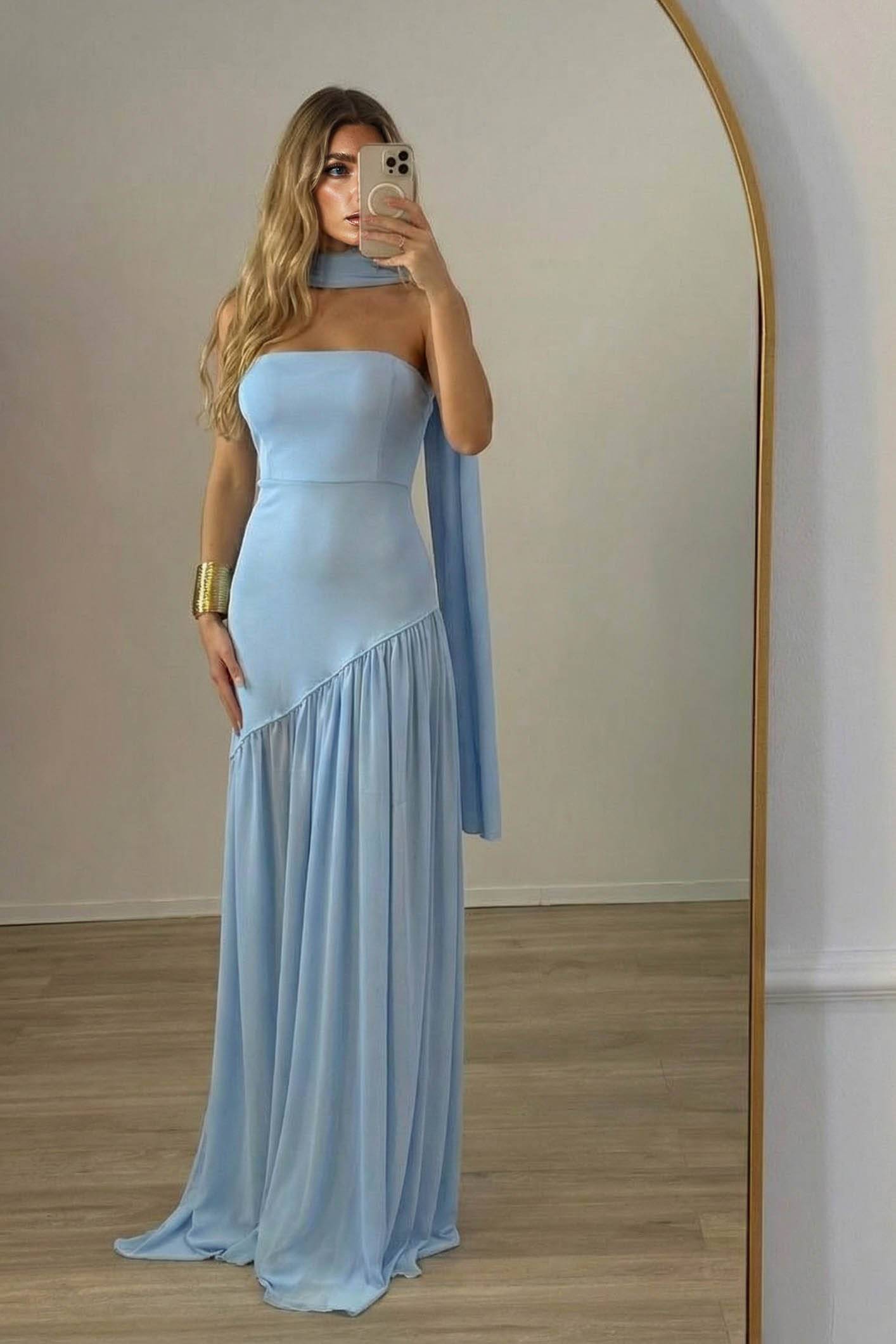 Strapless Slit Scarf Maxi Dress Blue