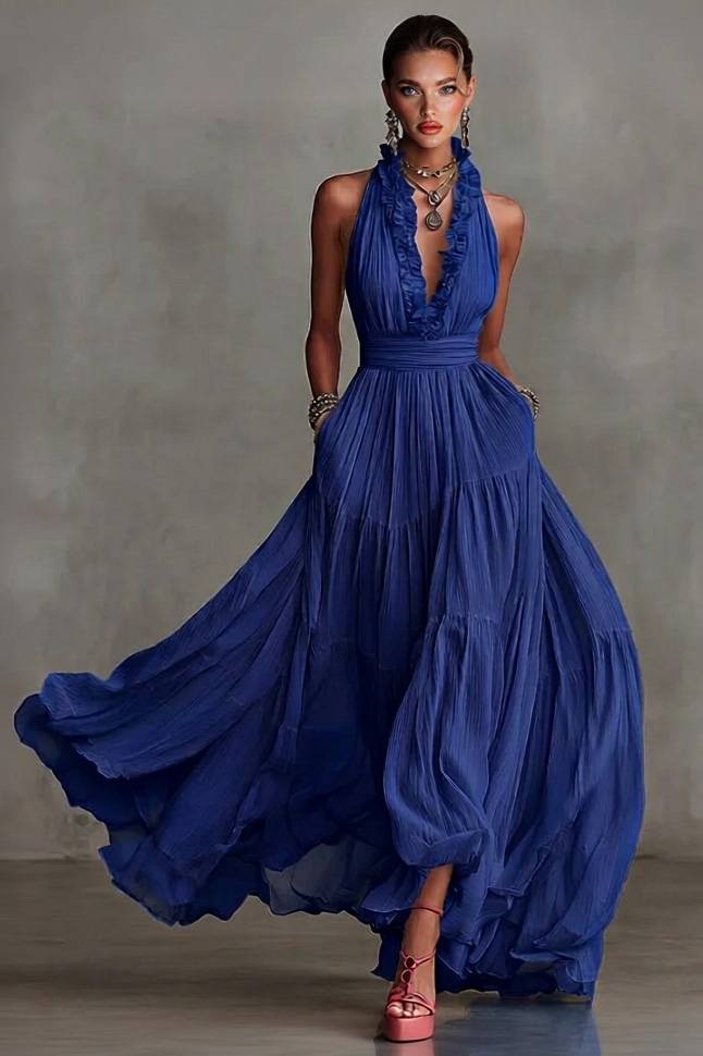 Lace V-Neck Maxi Dress Dark Blue