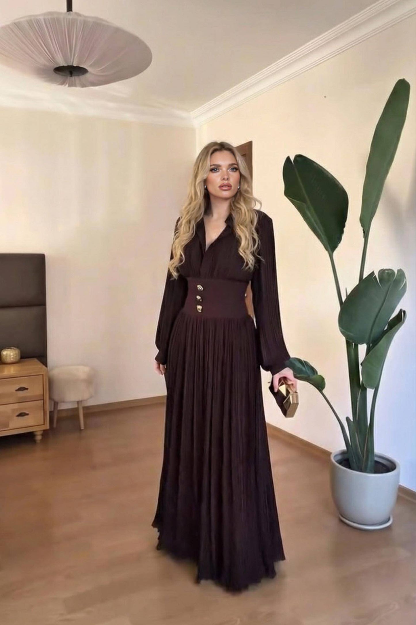 High-Waist Pleated Maxi Dress Brown