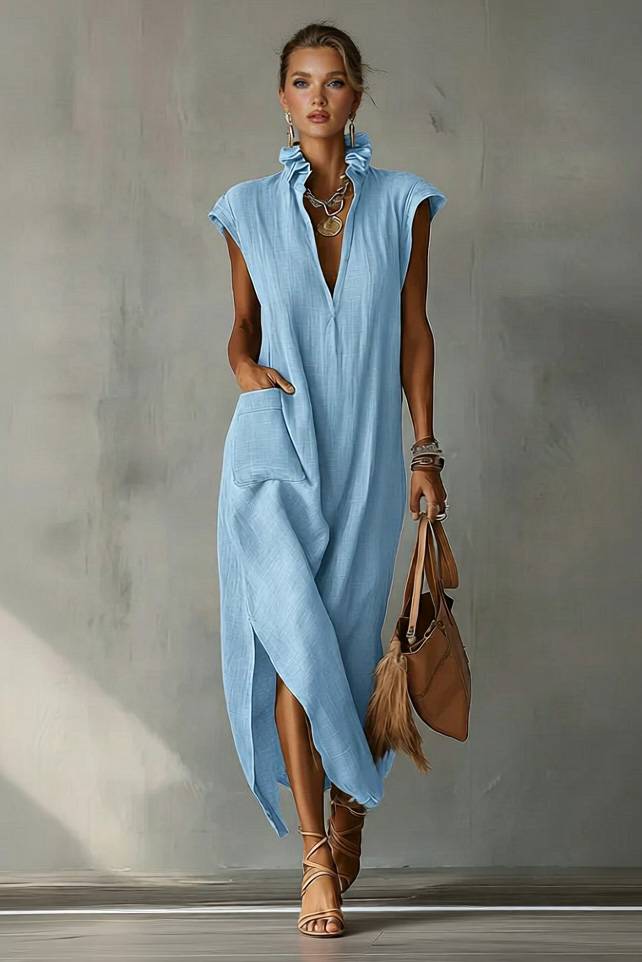 Lace Stand Collar Slit Dress Blue