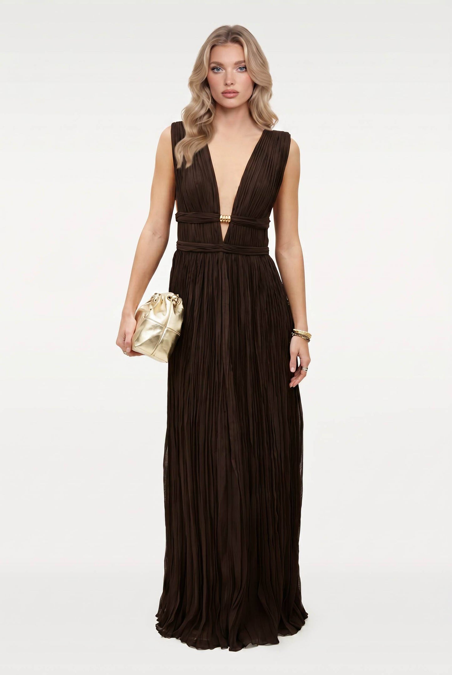 Deep V-Neck Maxi Dress Coffee
