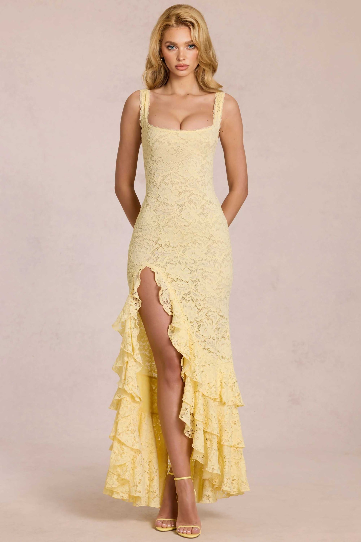 Lace Slit Ruffled Maxi Dress Yellow