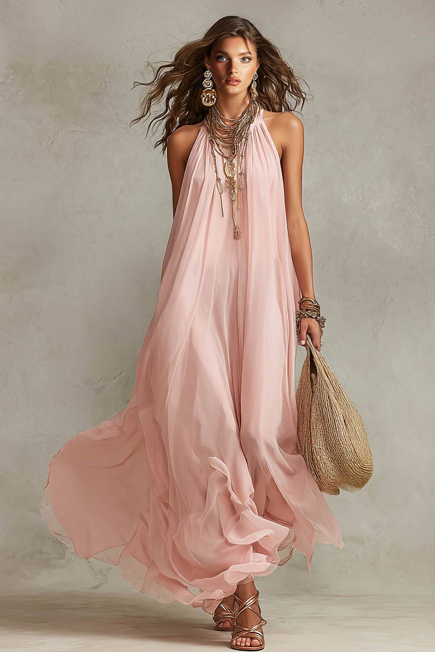 Off-Shoulder Chiffon Maxi Dress Pink