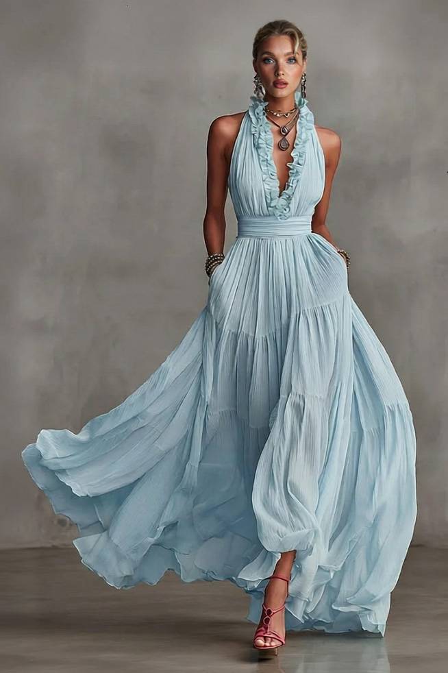 Lace V-Neck Maxi Dress Blue