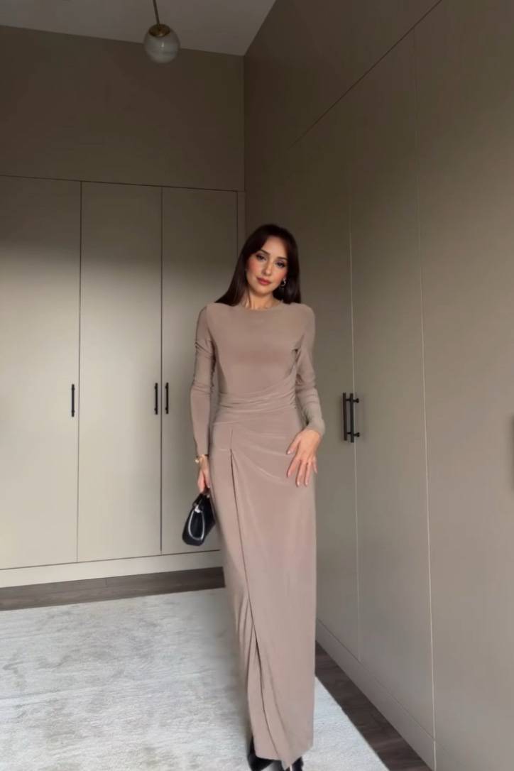 Pleated Front Slit Maxi Dress Khaki