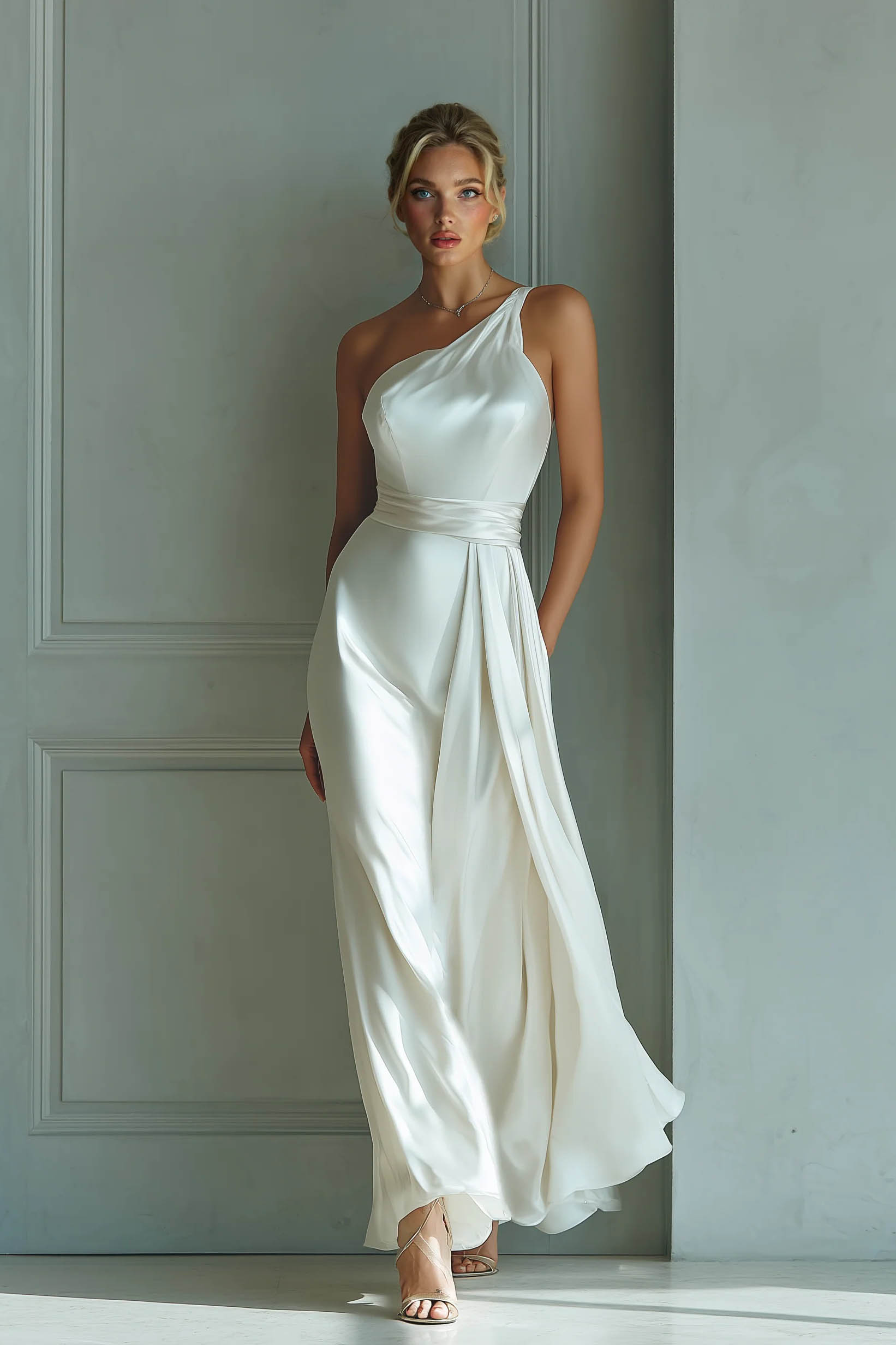Slanted Collar High-Waist A- Line Maxi Dress White