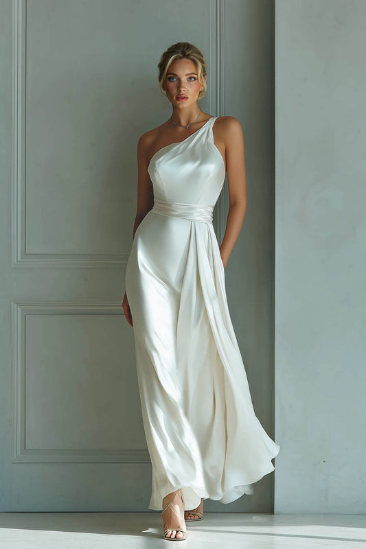 Slanted Collar High-Waist A- Line Maxi Dress White