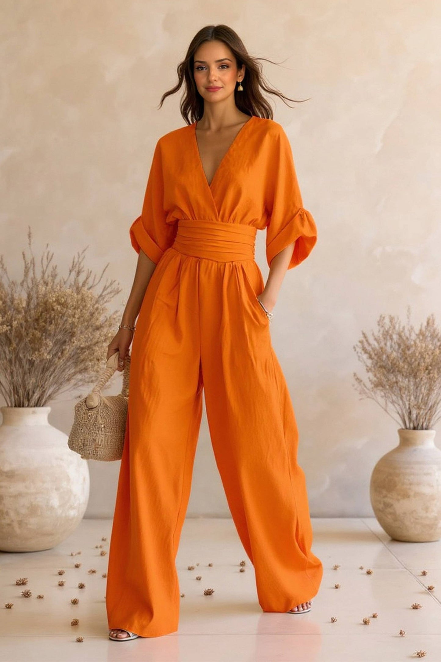 High-Waist Pleated Designs Jumpsuit Orange
