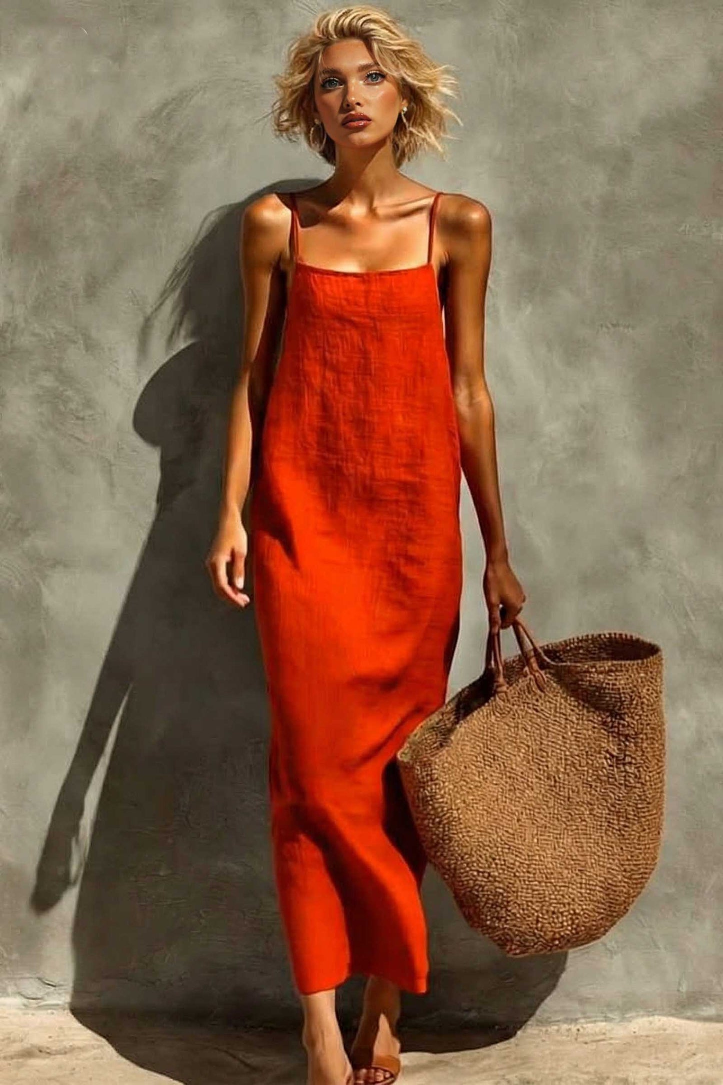 Minimalist Back Slit Slip Dress Orange Red