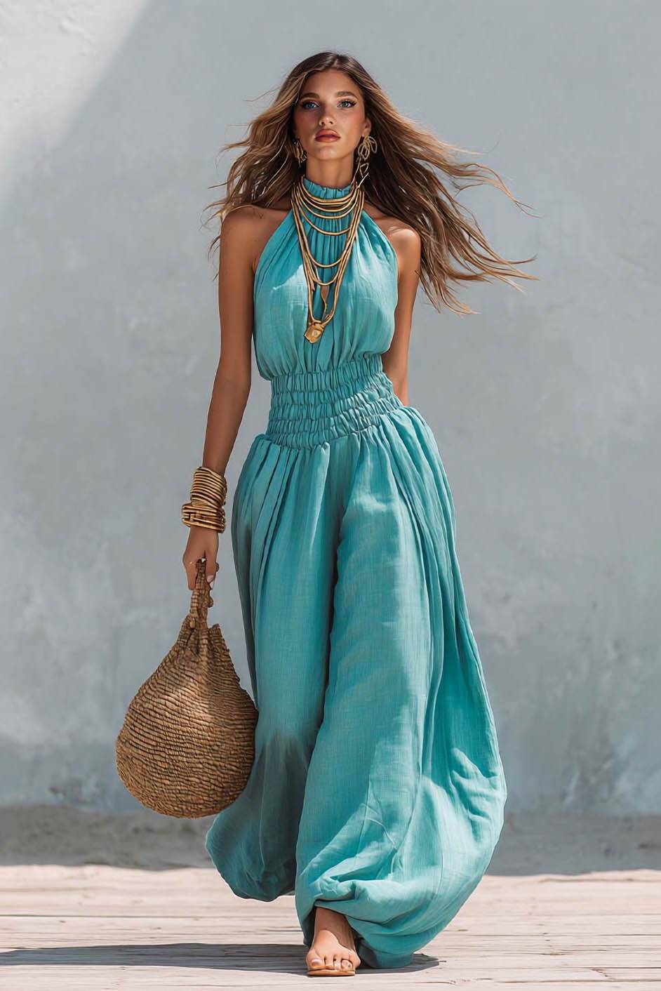 High-Neck Off-Shoulder Jumpsuits Blue