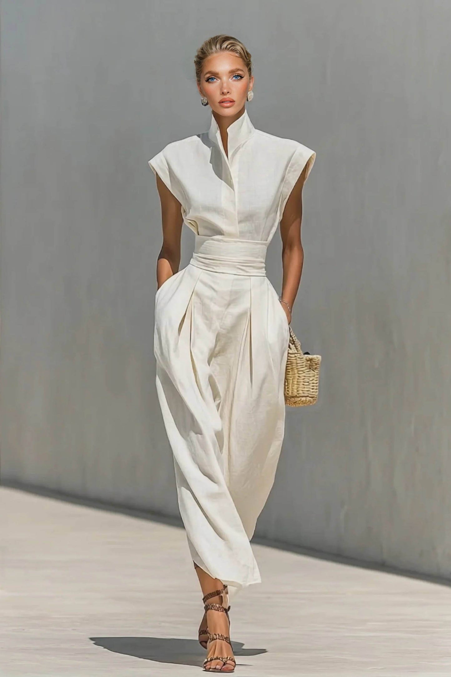 Stand-Collar High-waisted Midi Dress White