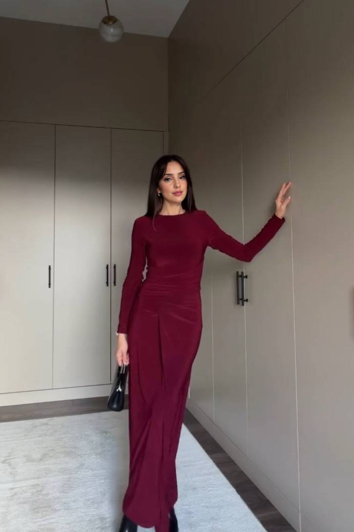 Pleated Front Slit Maxi Dress Wine Red