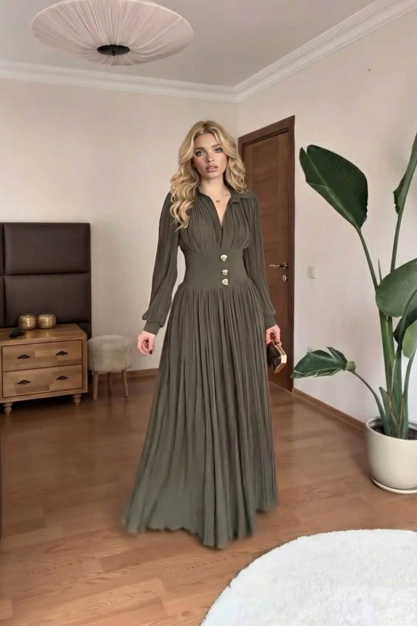 High-Waist Pleated Maxi Dress Green