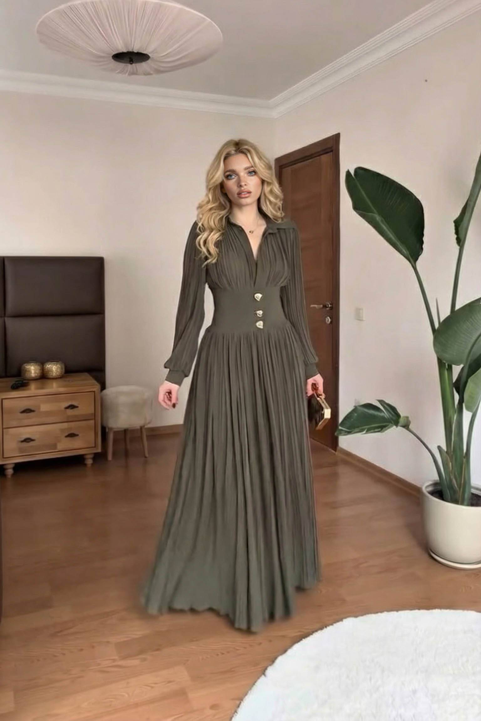 High-Waist Pleated Maxi Dress Green