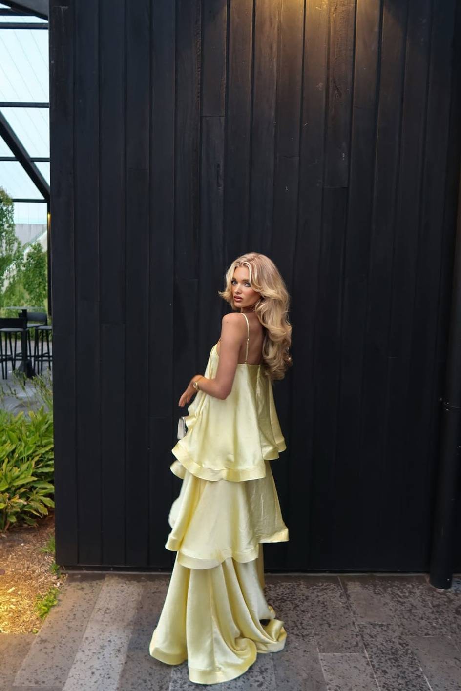 Elegant Three-layer Ruffle Sling Maxi Dress Yellow