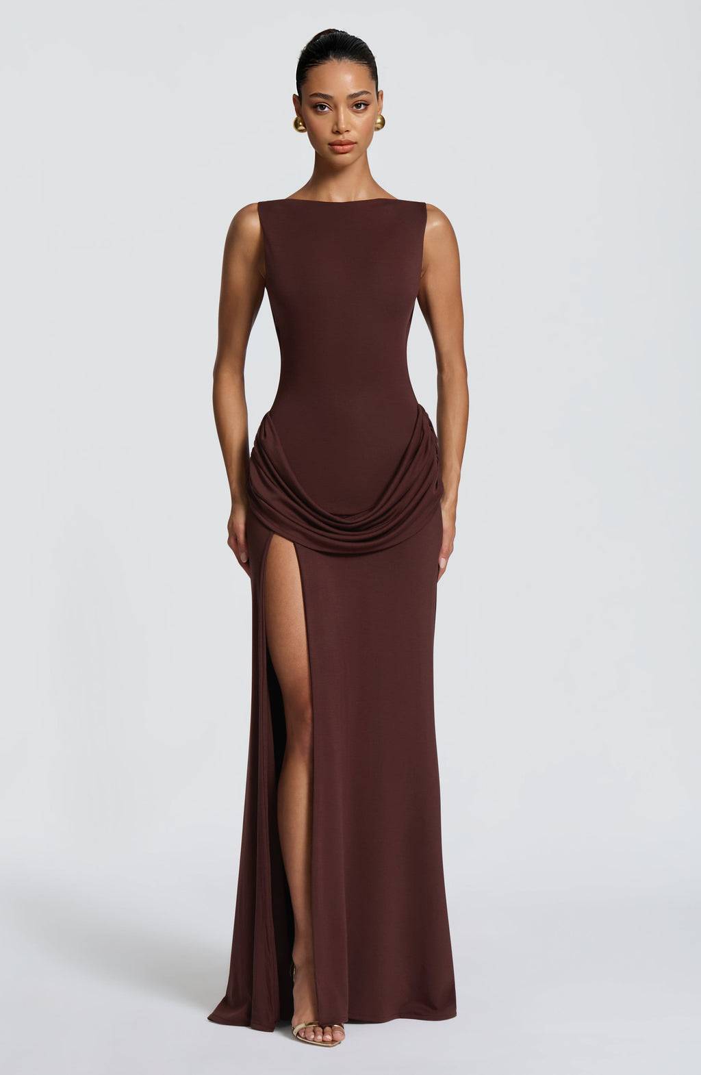 Pleated Design Slit Maxi Dress Brown